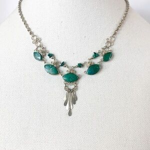 Elegant Silver and Malachite Teardrop Tassel Statement Necklace